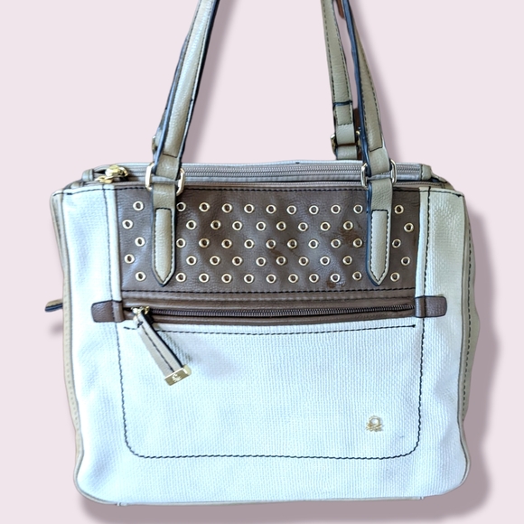 Benetton classic linen style vegan leather hand bag cream and brown medium 14" - Picture 1 of 10